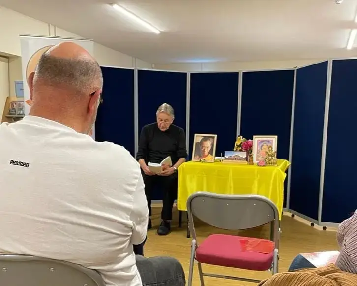Jim Sheriden, meditation teacher, leading the class at Denby Dale Library
