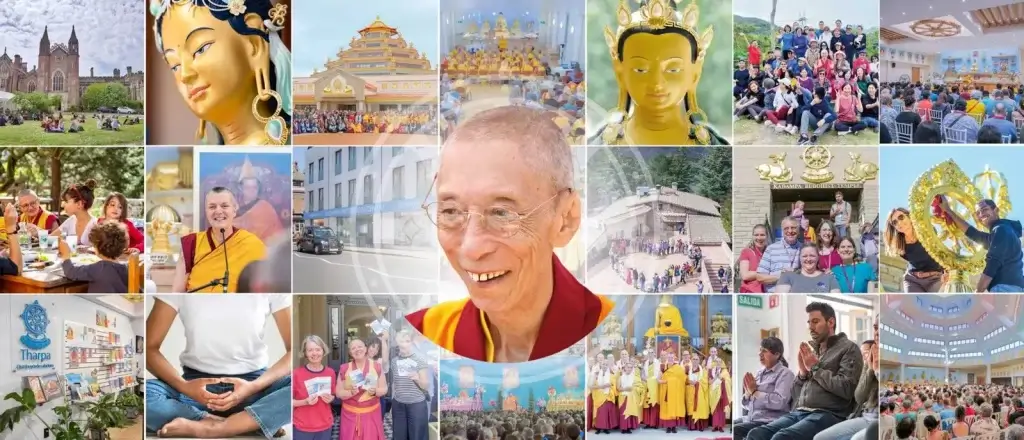 Collage of Ven Geshe kelsand Gyatso, buddhist monk and founder of the New Kadampa Tradition of modern Buddhism