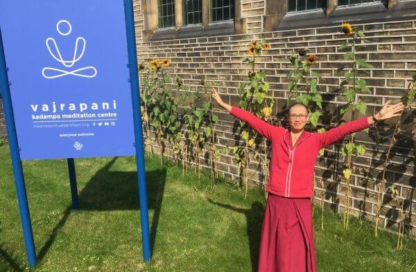 Buddhist Nun Kelsang Varahi welcoming people to Vajrapani Kadampa Meditation Centre with open arms