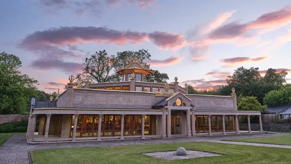 Kadampa Buddhist temple at Manjushri centre at dusk with spectacular skyline