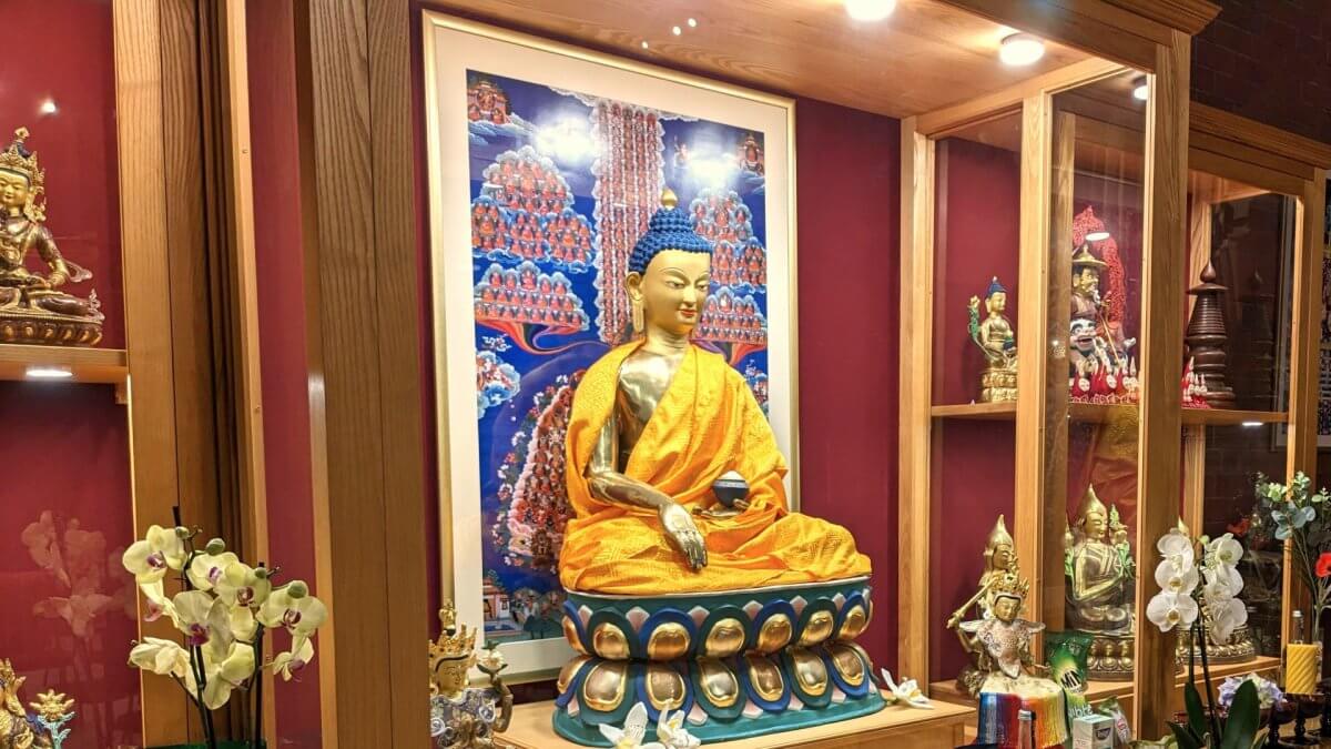 Buddhist shrine and statues in the meditation room at Vajrapani Kadampa Meditation Centre